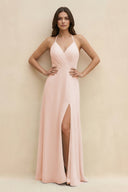 Halter Sheath Long Chiffon Bridesmaid Dress in Pale Blush - KissProm BRIDESMAID DRESSES