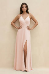 Halter Sheath Long Chiffon Bridesmaid Dress in Pale Blush - KissProm BRIDESMAID DRESSES