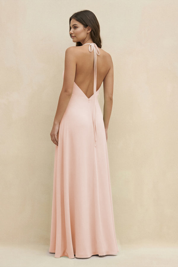 Halter Sheath Long Chiffon Bridesmaid Dress in Pale Blush - KissProm BRIDESMAID DRESSES