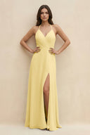 Halter Sheath Long Chiffon Bridesmaid Dress in Pastel Yellow - KissProm BRIDESMAID DRESSES