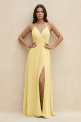 Halter Sheath Long Chiffon Bridesmaid Dress in Pastel Yellow - KissProm BRIDESMAID DRESSES