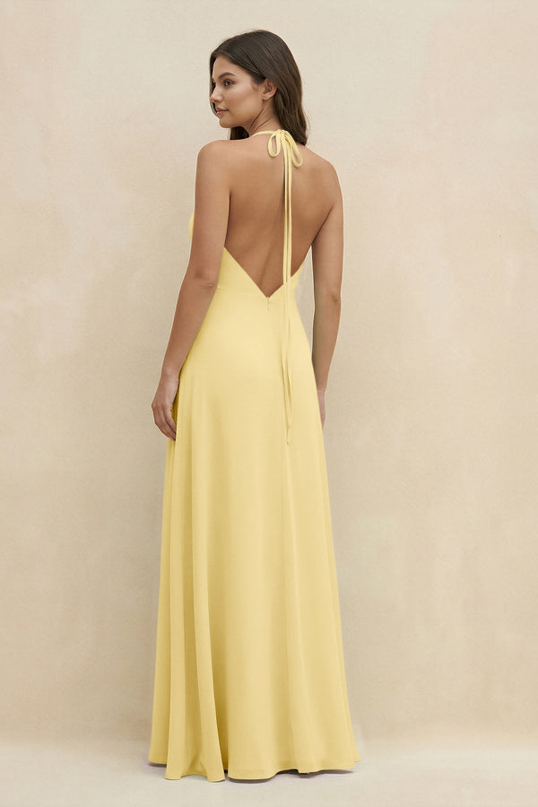 Halter Sheath Long Chiffon Bridesmaid Dress in Pastel Yellow - KissProm BRIDESMAID DRESSES