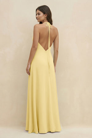 Halter Sheath Long Chiffon Bridesmaid Dress in Pastel Yellow - KissProm BRIDESMAID DRESSES