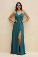 Halter Sheath Long Chiffon Bridesmaid Dress in Pine - KissProm BRIDESMAID DRESSES
