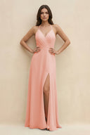 Halter Sheath Long Chiffon Bridesmaid Dress in Rose Petal - KissProm BRIDESMAID DRESSES