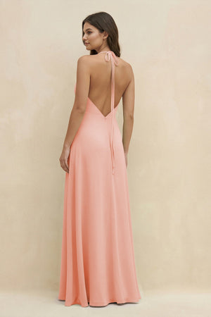Halter Sheath Long Chiffon Bridesmaid Dress in Rose Petal - KissProm BRIDESMAID DRESSES