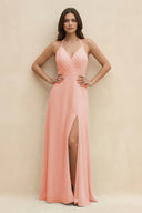 Halter Sheath Long Chiffon Bridesmaid Dress in Rose Petal - KissProm BRIDESMAID DRESSES