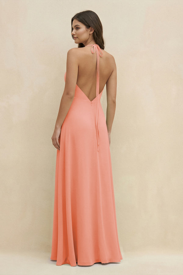 Halter Sheath Long Chiffon Bridesmaid Dress in Rosette - KissProm BRIDESMAID DRESSES
