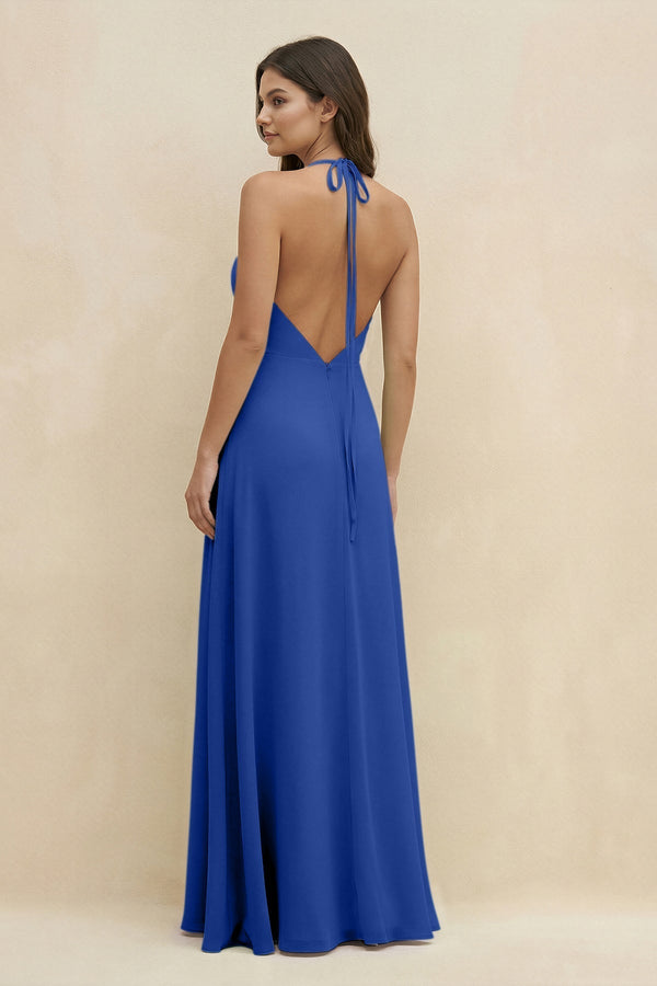 Halter Sheath Long Chiffon Bridesmaid Dress in Royal Blue - KissProm BRIDESMAID DRESSES