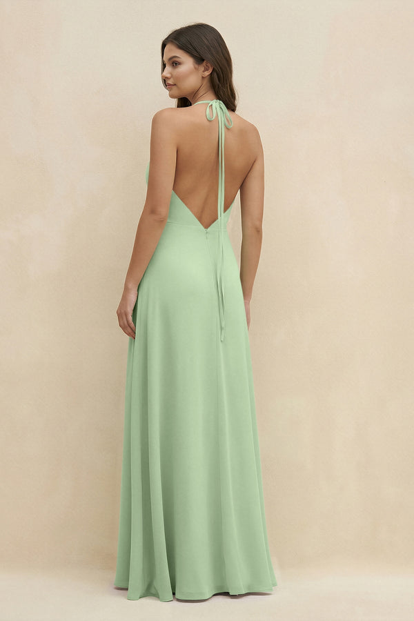Halter Sheath Long Chiffon Bridesmaid Dress in Sage - KissProm BRIDESMAID DRESSES