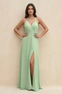 Halter Sheath Long Chiffon Bridesmaid Dress in Sage - KissProm BRIDESMAID DRESSES