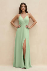 Halter Sheath Long Chiffon Bridesmaid Dress in Sage - KissProm BRIDESMAID DRESSES