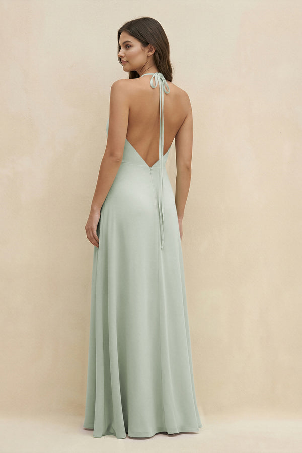 Halter Sheath Long Chiffon Bridesmaid Dress in Sage - KissProm BRIDESMAID DRESSES