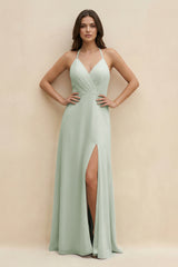 Halter Sheath Long Chiffon Bridesmaid Dress in Sage - KissProm BRIDESMAID DRESSES
