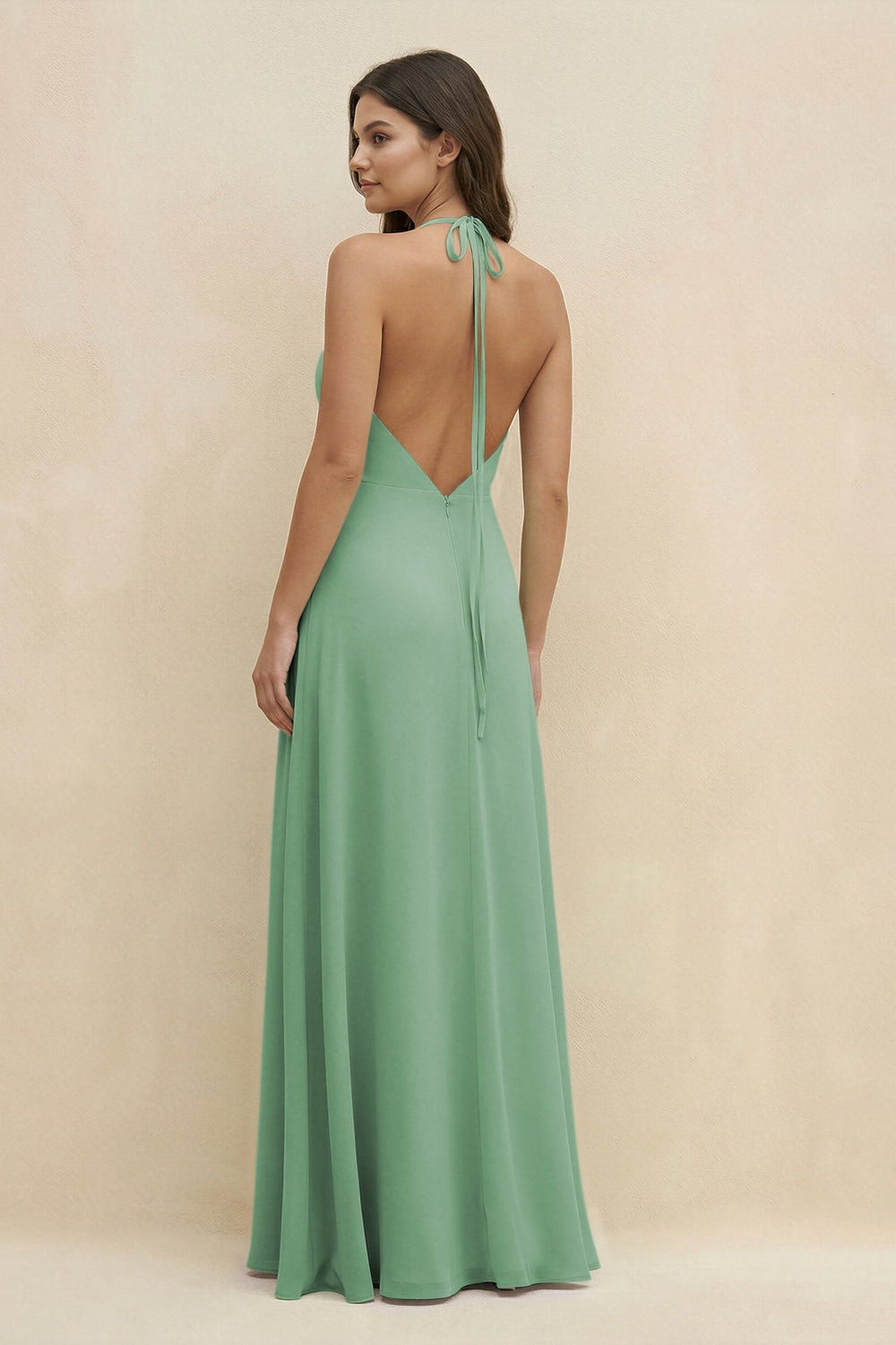 Halter Sheath Long Chiffon Bridesmaid Dress in Sea Glass - KissProm BRIDESMAID DRESSES