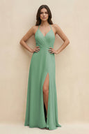 Halter Sheath Long Chiffon Bridesmaid Dress in Sea Glass - KissProm BRIDESMAID DRESSES