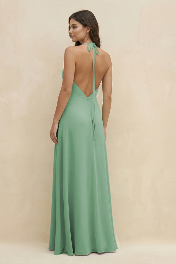 Halter Sheath Long Chiffon Bridesmaid Dress in Sea Glass - KissProm BRIDESMAID DRESSES