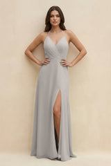 Halter Sheath Long Chiffon Bridesmaid Dress in Silver - KissProm BRIDESMAID DRESSES