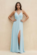 Halter Sheath Long Chiffon Bridesmaid Dress in Sky Blue - KissProm BRIDESMAID DRESSES
