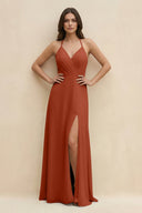 Halter Sheath Long Chiffon Bridesmaid Dress in Spice - KissProm BRIDESMAID DRESSES