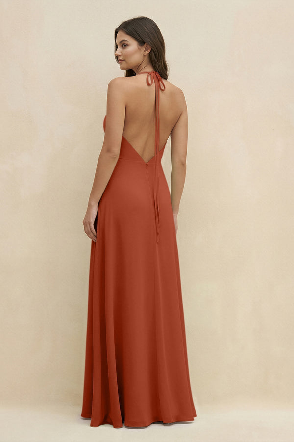 Halter Sheath Long Chiffon Bridesmaid Dress in Spice - KissProm BRIDESMAID DRESSES