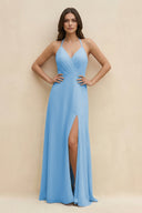 Halter Sheath Long Chiffon Bridesmaid Dress in Steel Blue - KissProm BRIDESMAID DRESSES