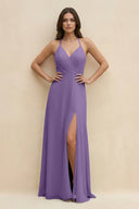 Halter Sheath Long Chiffon Bridesmaid Dress in Tahiti - KissProm BRIDESMAID DRESSES