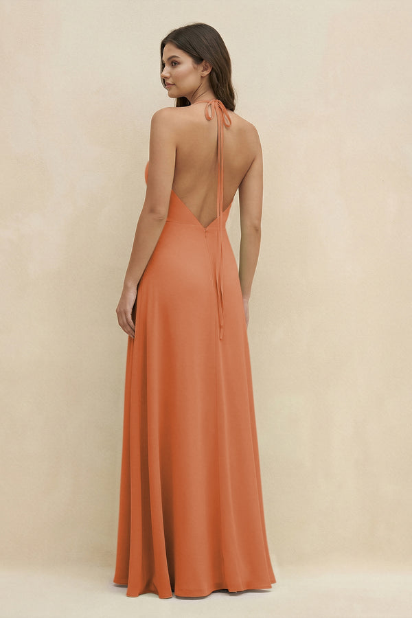 Halter Sheath Long Chiffon Bridesmaid Dress in Terracotta - KissProm BRIDESMAID DRESSES