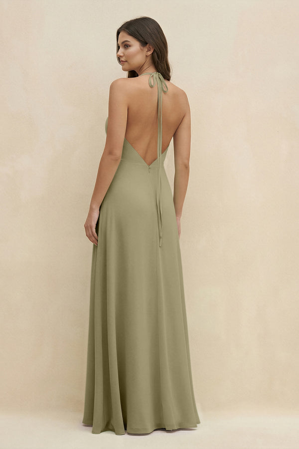 Halter Sheath Long Chiffon Bridesmaid Dress in Thyme - KissProm BRIDESMAID DRESSES