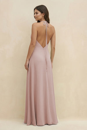 Halter Sheath Long Chiffon Bridesmaid Dress in Toffee - KissProm BRIDESMAID DRESSES