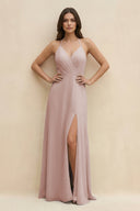 Halter Sheath Long Chiffon Bridesmaid Dress in Toffee - KissProm BRIDESMAID DRESSES