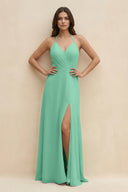 Halter Sheath Long Chiffon Bridesmaid Dress in Turquoise - KissProm BRIDESMAID DRESSES