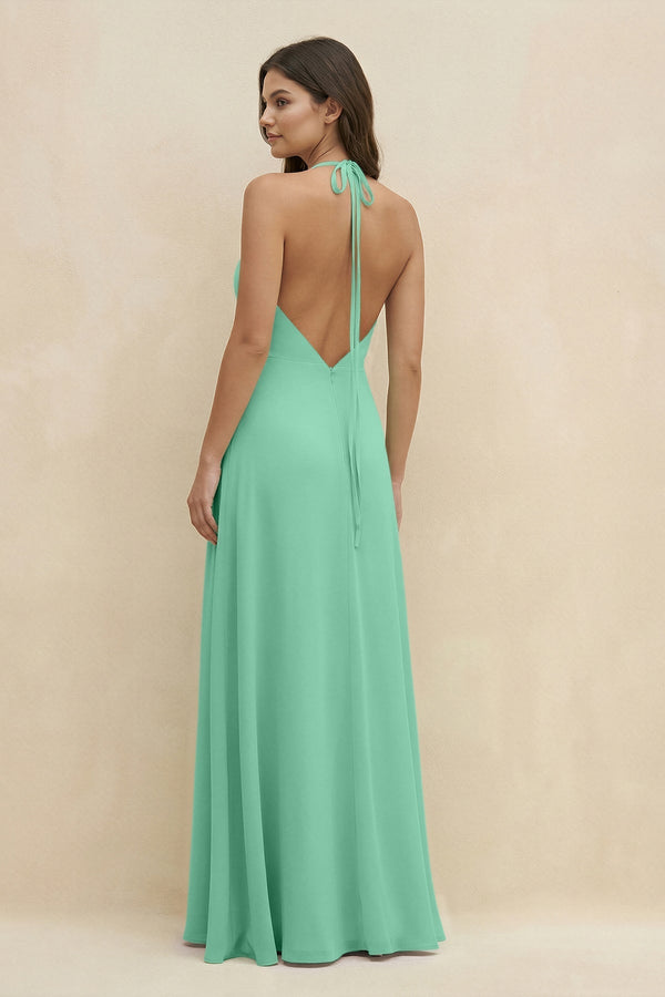 Halter Sheath Long Chiffon Bridesmaid Dress in Turquoise - KissProm BRIDESMAID DRESSES