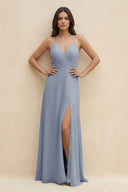 Halter Sheath Long Chiffon Bridesmaid Dress in Twilight - KissProm BRIDESMAID DRESSES