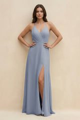 Halter Sheath Long Chiffon Bridesmaid Dress in Twilight - KissProm BRIDESMAID DRESSES