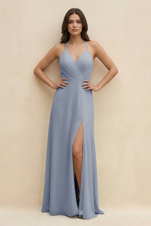 Halter Sheath Long Chiffon Bridesmaid Dress in Twilight - KissProm BRIDESMAID DRESSES