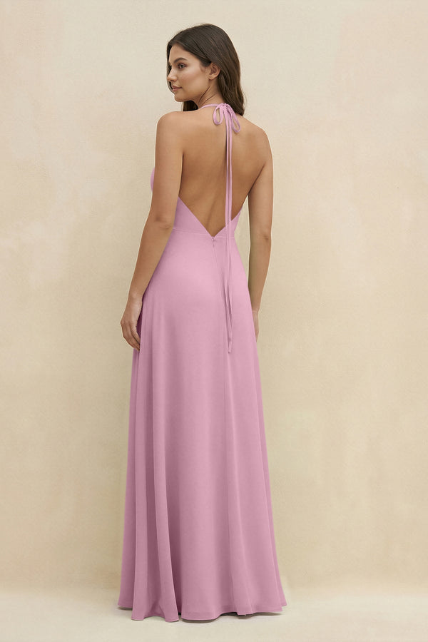 Halter Sheath Long Chiffon Bridesmaid Dress in Vintage Mauve - KissProm BRIDESMAID DRESSES