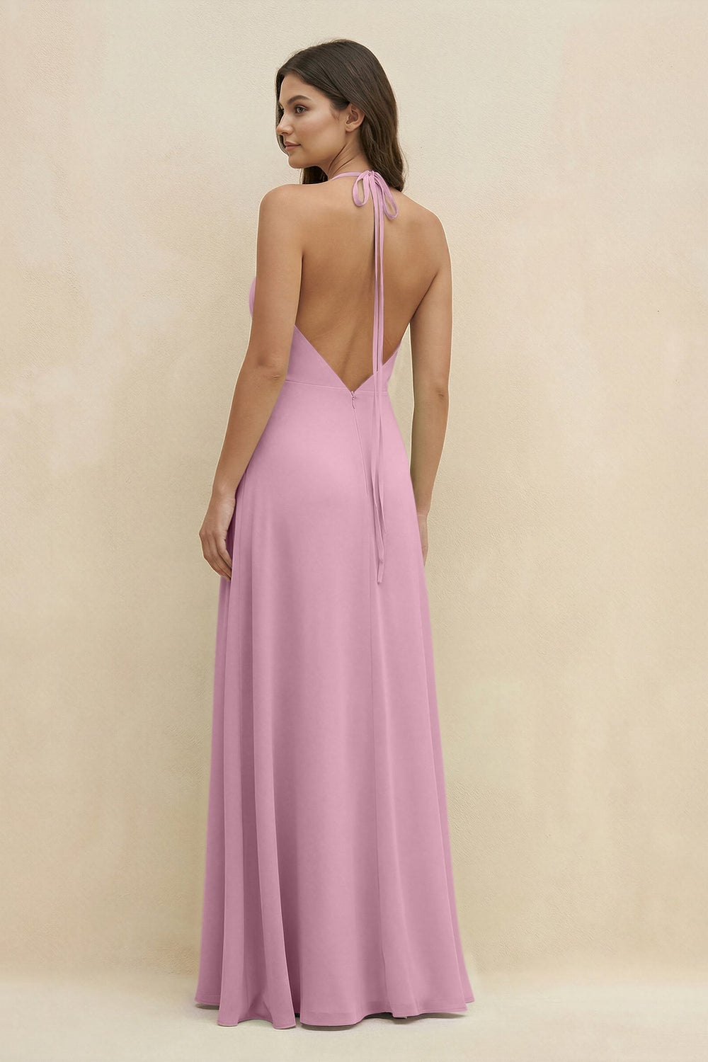 Halter Sheath Long Chiffon Bridesmaid Dress in Vintage Mauve - KissProm BRIDESMAID DRESSES