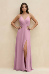 Halter Sheath Long Chiffon Bridesmaid Dress in Vintage Mauve - KissProm BRIDESMAID DRESSES