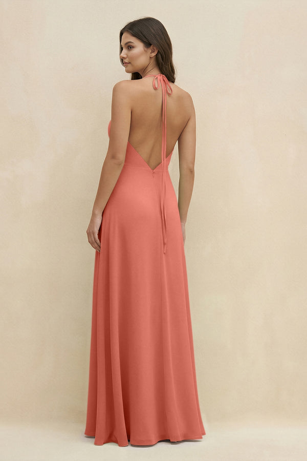 Halter Sheath Long Chiffon Bridesmaid Dress in Wild Rose - KissProm BRIDESMAID DRESSES