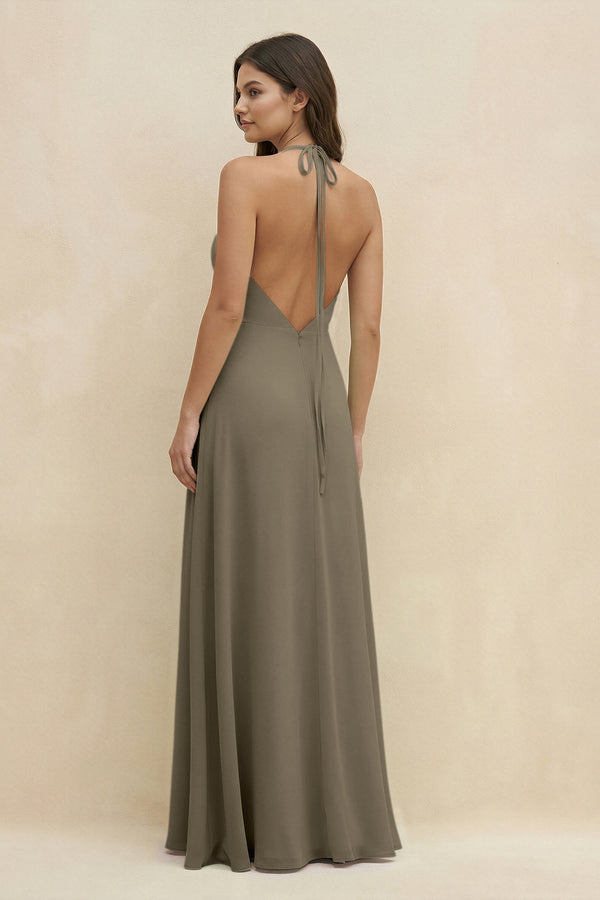 Halter Sheath Long Chiffon Bridesmaid Dress in Willow Green - KissProm BRIDESMAID DRESSES