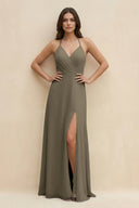 Halter Sheath Long Chiffon Bridesmaid Dress in Willow Green - KissProm BRIDESMAID DRESSES