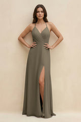 Halter Sheath Long Chiffon Bridesmaid Dress in Willow Green - KissProm BRIDESMAID DRESSES