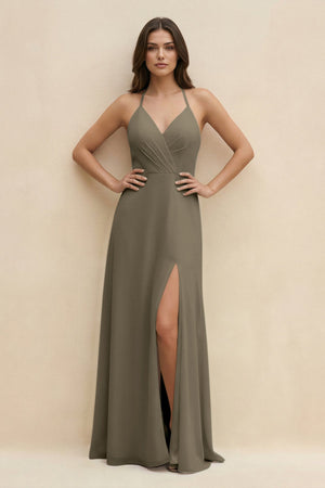 Halter Sheath Long Chiffon Bridesmaid Dress in Willow Green - KissProm BRIDESMAID DRESSES