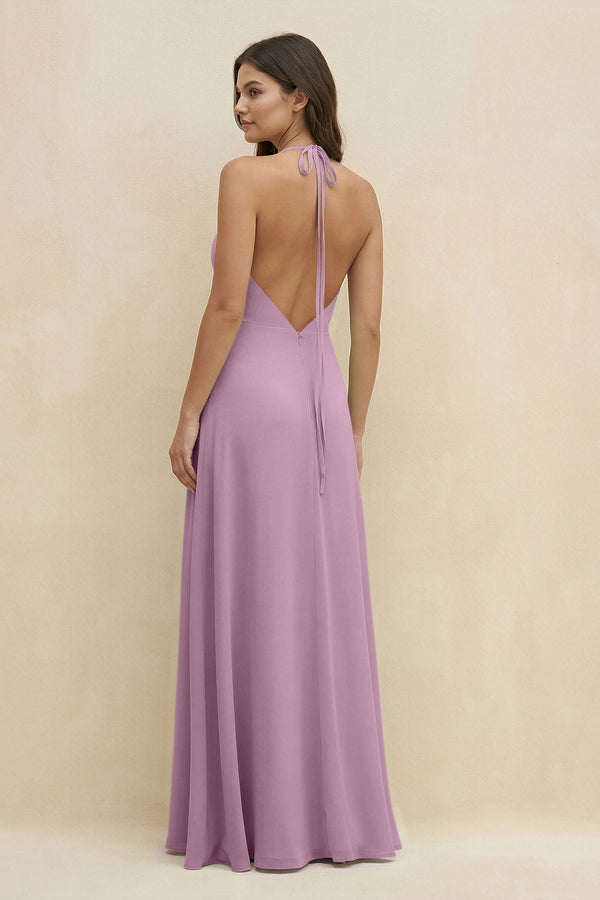 Halter Sheath Long Chiffon Bridesmaid Dress in Wisteria - KissProm BRIDESMAID DRESSES