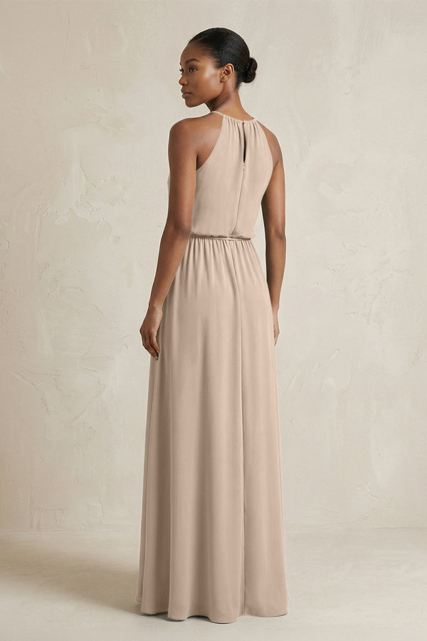 Halter Sheath Ruched Chiffon Bridesmaid Dress in Almond - KissProm Bridesmaid Dresses