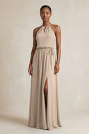 Halter Sheath Ruched Chiffon Bridesmaid Dress in Almond - KissProm Bridesmaid Dresses