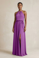Halter Sheath Ruched Chiffon Bridesmaid Dress in Amethyst - KissProm Bridesmaid Dresses