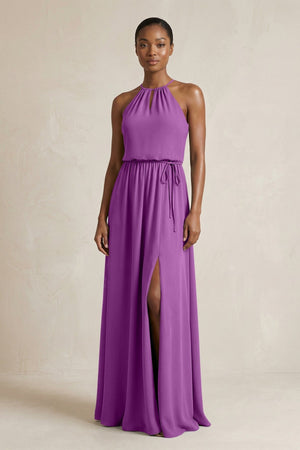 Halter Sheath Ruched Chiffon Bridesmaid Dress in Amethyst - KissProm Bridesmaid Dresses