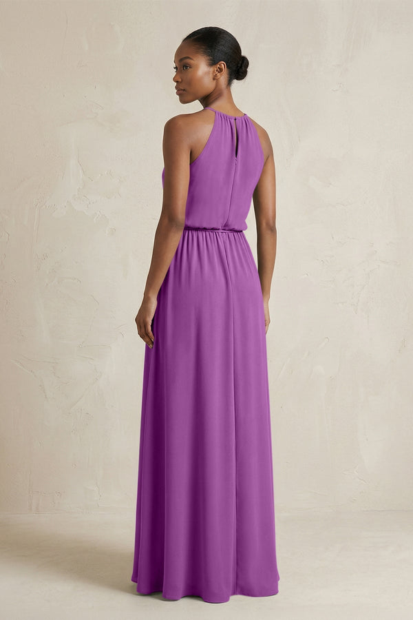 Halter Sheath Ruched Chiffon Bridesmaid Dress in Amethyst - KissProm Bridesmaid Dresses